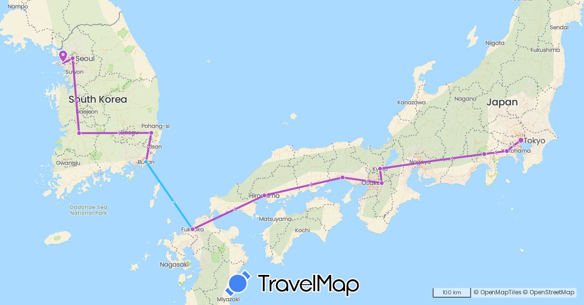 TravelMap itinerary: train, boat in Japan, South Korea (Asia)